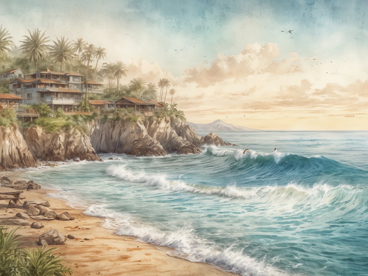 Ein malerischer Küstenabschnitt von Santa Catalina, Panama, zeigt sanften Wellen, die an einen feinen Sandstrand schlagen. Im Hintergrund erheben sich grüne Hügel, die mit Palmen und stilvollen Häusern gesäumt sind. Einige Surfer nutzen die Wellen im Wasser, während das ruhige Meer in sanften Blautönen schimmert. Der Himmel ist klar mit einigen Wolken und zeugt von einem warmen, einladenden Tag in diesem Pazifikparadies.