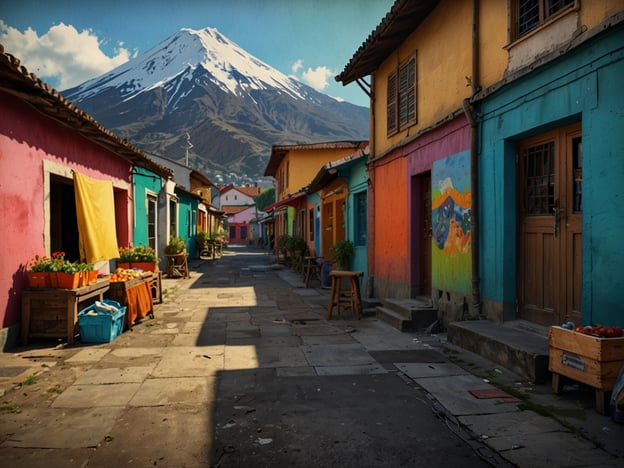 Auf dem Bild ist eine malerische Szene aus Ataco, einem hübschen Dorf in El Salvador, zu sehen. Die bunten Häuser in lebhaften Farben wie Pink, Blau, Gelb und Orange geben der Straße einen fröhlichen Charakter. Zudem sieht man einige Blumenkästen und Stühle, die die einladende Atmosphäre unterstreichen. Im Hintergrund erhebt sich ein majestätischer schneebedeckter Vulkan, der einen beeindruckenden Kontrast zu der bunten Erscheinung der Stadt bildet. Die Kombination aus der klaren blauen Himmel und den Farben der Fassaden macht dieses Bild besonders lebhaft und einladend.