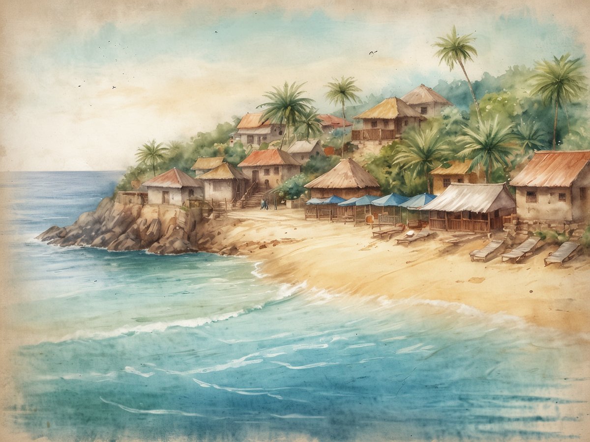 Das Bild zeigt ein malerisches Dorf an einem ruhigen Strand, umgeben von einem klaren Meer. Am Ufer stehen kleine, einladende Häuser mit roten und blauen Dächern, die sich harmonisch in die naturelle Umgebung einfügen. Palmen wiegen sich sanft im Wind, und der weiche Sandstrand ist mit Liegen ausgestattet, die zum Entspannen einladen. Die sanften Wellen des Meeres rollen langsam an den Strand, während der Himmel in sanften Farben leuchtet und eine friedliche Atmosphäre schafft.