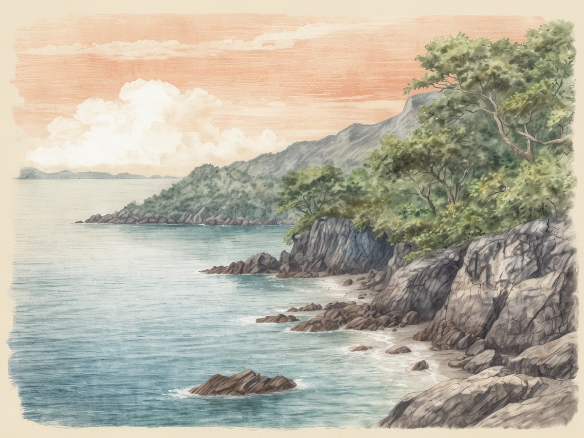 Im Golfo de Chiriquí Nationalpark sind Küstenlandschaften mit sanften Hügeln und tropischer Vegetation zu sehen. Die teils schroffen Felsen stehen im Kontrast zu den ruhigen, glitzernden Wasserflächen. Im Hintergrund erstrecken sich sanfte Berge, während der Himmel mit pastellfarbenen Wolken gefüllt ist. Die Szenerie vermittelt ein Gefühl von Ruhe und unberührter Natur, ideal für die Erkundung von Inseln, Korallenriffen und Meereslebewesen.