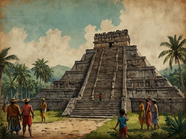 Auf dem Bild ist eine alte Maya-Pyramide zu sehen, umgeben von Palmen und einer üppigen Landschaft. Diese Pyramiden waren oft bedeutende Kulturstätten, die für religiöse Zeremonien und die Durchführung von Festlichkeiten genutzt wurden. 

Die Umgebung deutet darauf hin, dass Menschen sich dort versammeln, möglicherweise zu einer kulturellen Veranstaltung oder zum Austausch von Wissen. Die Interaktion zwischen den Personen könnte auf eine gemeinschaftliche Bildung hinweisen, die in solchen Gemeinschaften von großer Bedeutung war. Solche Stätten sind wichtige Überreste der Maya-Zivilisation und bieten wertvolle Einblicke in deren Geschichte und Kultur.