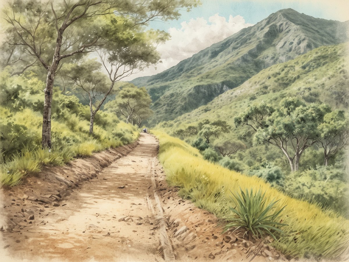 Ein malerischer Weg schlängelt sich durch eine grüne Landschaft im Camino de Cruces Nationalpark. Die umgebenden Berge sind sanft und bewaldet, während das Sonnenlicht die Strukturen der Bäume und die lebhaften Farben der Vegetation betont. Der Weg aus Erde und Steinen wird von üppigem Gras gesäumt, das in der Sonne leuchtet. In der Ferne sind Wanderer zu erkennen, die auf der historischen Handelsroute unterwegs sind, die für ihre beeindruckenden Naturerlebnisse bekannt ist. Wolken ziehen am Himmel, und die gesamte Szenerie strahlt Ruhe und Abenteuer aus.
