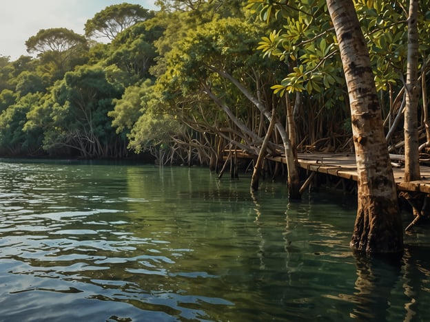 Auf dem Bild ist eine ruhige Wasserlandschaft mit mangrovenartigen Bäumen zu sehen, die um einen schmalen Wasserweg wachsen. Das Wasser wirkt klar und grünlich, während die Bäume eine üppige grüne Vegetation zeigen. Diese Szenerie könnte in der Nähe von Los Cóbanos in El Salvador sein, einem beliebten Ziel für Naturfreunde.

Rund um Los Cóbanos gibt es viele Aktivitäten, die man unternehmen kann:

1. **Schnorcheln und Tauchen**: Die Gewässer sind reich an Meereslebewesen, was sie ideal für Wassersportler macht.

2. **Bootstouren**: Man kann Bootsfahrten durch die Mangroven unternehmen, um die einzigartige Flora und Fauna zu erkunden.

3. **Vogelbeobachtung**: Die Region ist ein heißes Ziel für Ornithologen, da viele verschiedene Vogelarten hier leben.

4. **Strandaktivitäten**: Entspannen am Strand oder am Wasser, ideal für Picknicks oder Sonnenbaden.

5. **Fischerei**: Es gibt Möglichkeiten zum Sportfischen, um die lokale Fischerei zu erleben.

Insgesamt bietet Los Cóbanos eine wunderbare Mischung aus Entspannung und aktiven Erlebnissen in der Natur.