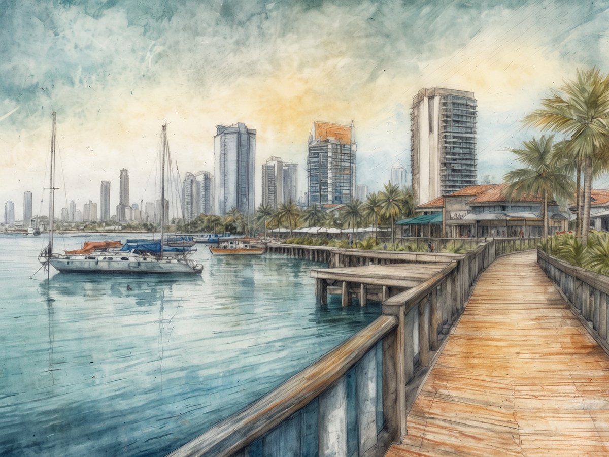 Moderne Uferpromenade Cinta Costera in Panama-Stadt mit einem Holzsteg, der sich entlang der Küste schlängelt. Auf dem Wasser liegen mehrere Boote, darunter ein Segelboot und kleinere Yachten. Im Hintergrund ragen hohe Gebäude in den Himmel, umgeben von Palmen. Der Himmel ist in sanften Farben gehalten, die einen schönen Sonnenuntergang andeuten. Spaziergänger nutzen die Promenade, um die Aussicht zu genießen und die Atmosphäre der Stadt zu erleben.