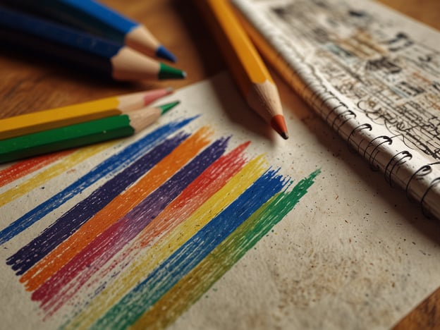 Auf dem Bild sind bunte Buntstifte und ein Skizzenblock zu sehen. Die Buntstifte in verschiedenen Farben liegen neben einem Blatt, das mit Farbstrichen in lebhaften Tönen gestaltet ist. Dies könnte eine Inspiration für kreative Workshops und Kurse sein, in denen Teilnehmer ihre künstlerischen Fähigkeiten entfalten und experimentieren können. Die Atmosphäre lädt dazu ein, neue Techniken im Zeichnen und Malen zu erlernen und die Freude am kreativen Schaffen zu entdecken.