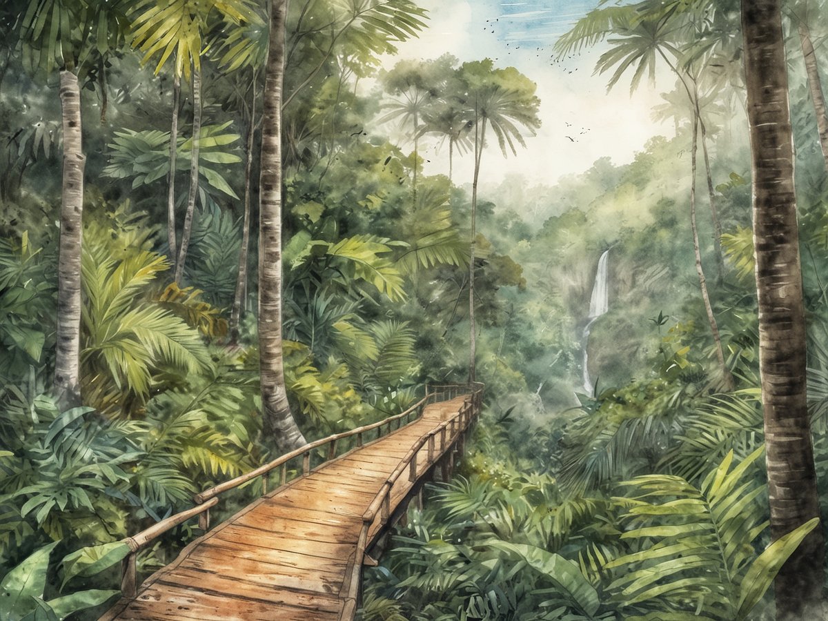 Ein malerischer Holzsteg schlängelt sich durch einen üppigen Dschungel im Metropolitan Natural Park in Panama-Stadt. Die Umgebung ist geprägt von dichten, grünen Pflanzen und hohen Palmen, während im Hintergrund ein sanfter Wasserfall zu sehen ist, der in das dichte Blattwerk eingebettet ist. Der Himmel zeigt sich in sanften Blautönen, und die Lichtverhältnisse erzeugen eine friedliche, natürliche Atmosphäre des Wanderns im Dschungel.
