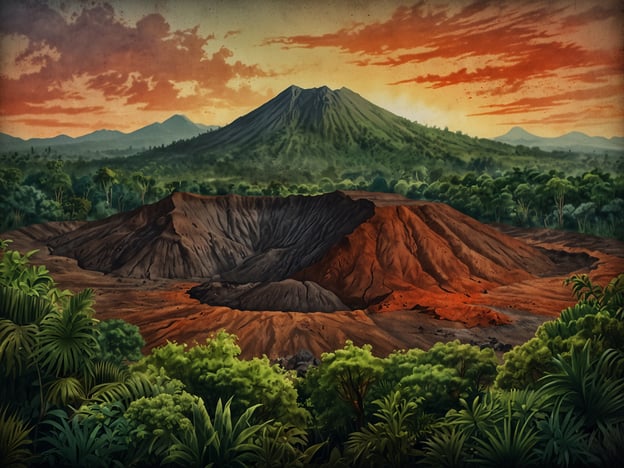 Auf dem Bild ist das einzigartige Landschaftsbild des El Boquerón Nationalparks zu sehen. Es zeigt eine beeindruckende Vulkanlandschaft mit einem großen, offenen Krater im Vordergrund, umgeben von üppiger tropischer Vegetation. Im Hintergrund erheben sich majestätische Berge unter einem farbenfrohen Sonnenuntergang, der die Szene in warmen Tönen beleuchtet. Die Mischung aus Natur und dramatischer Geologie macht dieses Panorama besonders eindrucksvoll.