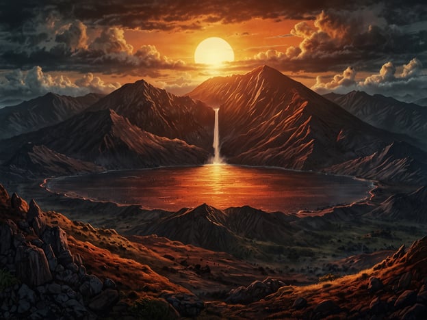 Auf dem Bild sind die atemberaubenden Ausblicke vom Vulkankrater zu sehen. Die Szene zeigt einen beeindruckenden Sonnenuntergang über einem Vulkankratersee, umgeben von majestätischen Bergen. Ein Wasserfall ergießt sich in den See, während das warme Licht der untergehenden Sonne das Wasser in goldene und orangefarbene Töne taucht. Die Landschaft ist geprägt von sanften Hügeln und Felsen, die eine dramatische Kulisse für dieses natürliche Schauspiel bieten.