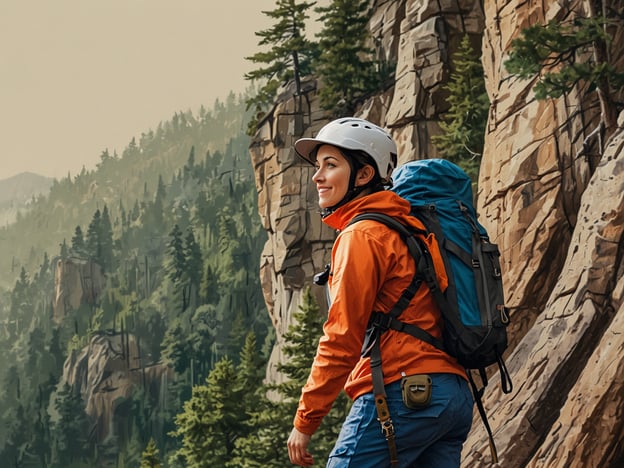 Auf dem Bild ist eine Person zu sehen, die in einem Nationalpark eine abenteuerliche Wanderung unternimmt. Sie trägt einen Kletterhelm und eine farbenfrohe Wanderjacke, dazu einen großen Rucksack. Die Umgebung ist geprägt von hohen Felsen und dichten Wäldern, was auf Möglichkeiten für Aktivitäten wie Klettern, Wandern und Erkunden der Natur hinweist. Solche Abenteuer im Nationalpark ermöglichen es, die beeindruckende Landschaft und die Vielfalt der Tier- und Pflanzenwelt hautnah zu erleben.