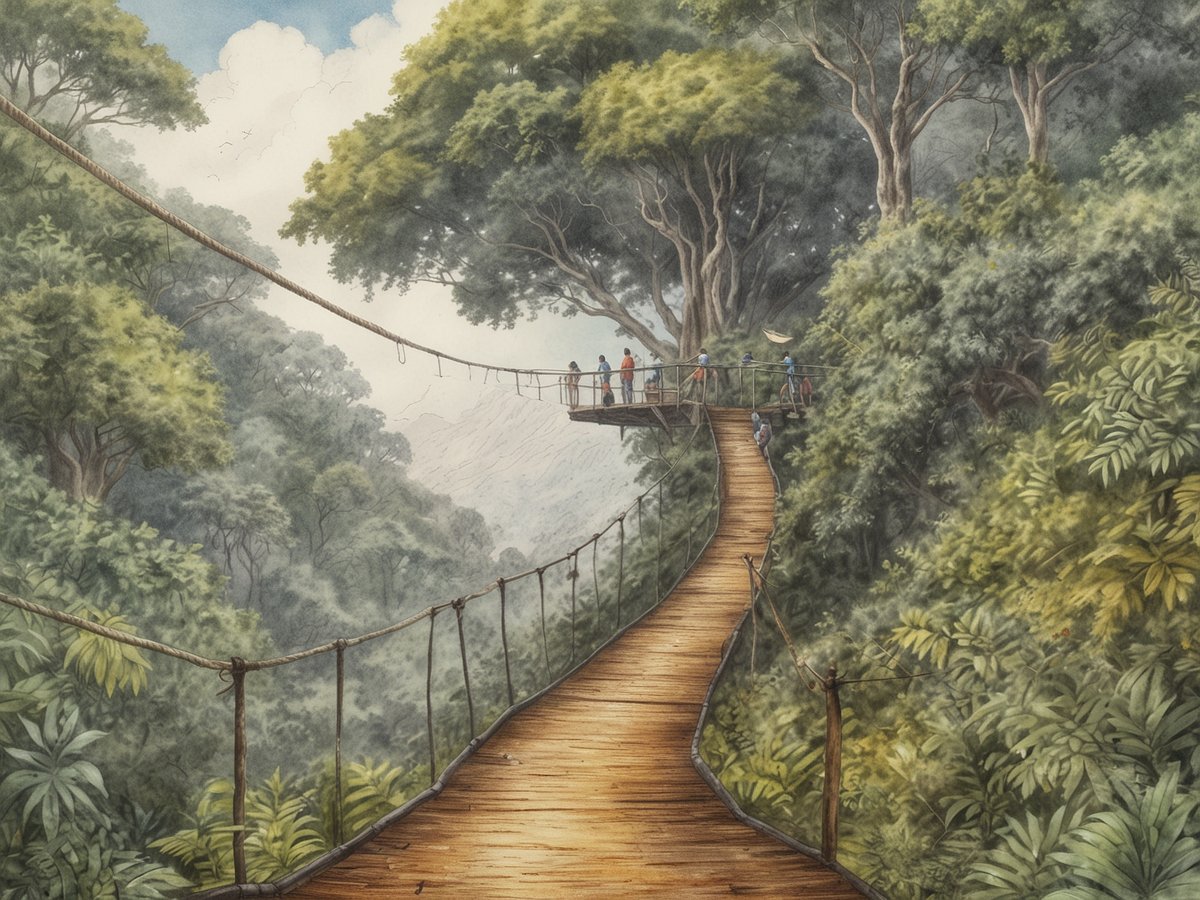 Eine Holzbrücke windet sich durch einen üppigen Nebelwald. Auf der Plattform stehen mehrere Personen, die die Aussicht genießen. Der Weg ist von dichten, grünen Bäumen und Pflanzen umgeben, die die Vielfalt und Schönheit der Natur betonen. Die Brücke führt weiter in die Tiefe des Waldes, wo die Vorfreude auf das Ziplining-Abenteuer spürbar ist. Der Himmel ist teilweise bewölkt, was die mystische Atmosphäre des Ortes verstärkt.