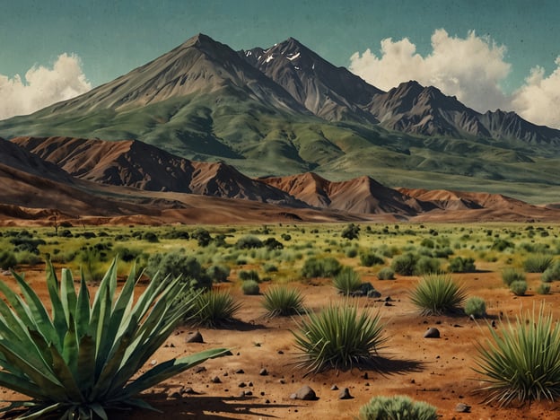 Auf dem Bild ist eine beeindruckende Landschaft zu sehen, die an den Cerro Verde Nationalpark erinnert. Die Szene zeigt majestätische Berge im Hintergrund, die von üppigem Grün und teilweise schneebedeckten Gipfeln geprägt sind. Im Vordergrund erkennt man trockene, sandige Flächen, die mit typischer Vegetation, wie Agaven und anderen Pflanzen, durchzogen sind. Diese faszinierende Mischung aus Berglandschaft und Wüste verdeutlicht die Vielfalt und die Schönheit dieses Naturschutzgebiets, das für seine atemberaubenden Ausblicke und die einmalige Flora und Fauna bekannt ist.