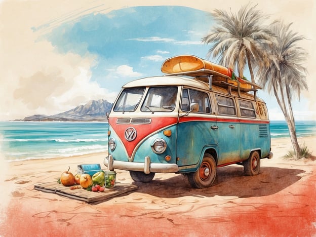 Auf dem Bild ist ein VW-Bus zu sehen, der am Strand steht, umgeben von Palmen und mit einer schönen Küstenlandschaft im Hintergrund. Diese Szenerie lädt Besucher zu verschiedenen Aktivitäten ein:

1. **Surfen**: Mit dem Surfbrett auf dem Dach bietet sich die Möglichkeit, die Wellen zu reiten.
2. **Picknicken**: Die frischen Früchte und Lebensmittel auf der Decke laden zu einem entspannten Picknick am Strand ein.
3. **Strandspaziergänge**: Die Küste und der Sand laden zu gemütlichen Spaziergängen ein, um die Aussicht zu genießen.
4. **Fotografie**: Die malerische Umgebung ist ideal für beeindruckende Urlaubsfotos.
5. **Erholung**: Die ruhige Atmosphäre eignet sich perfekt zum Entspannen und Abschalten.

Diese Aktivitäten machen den Ort zu einem idealen Ziel für Strandliebhaber und Abenteurer.