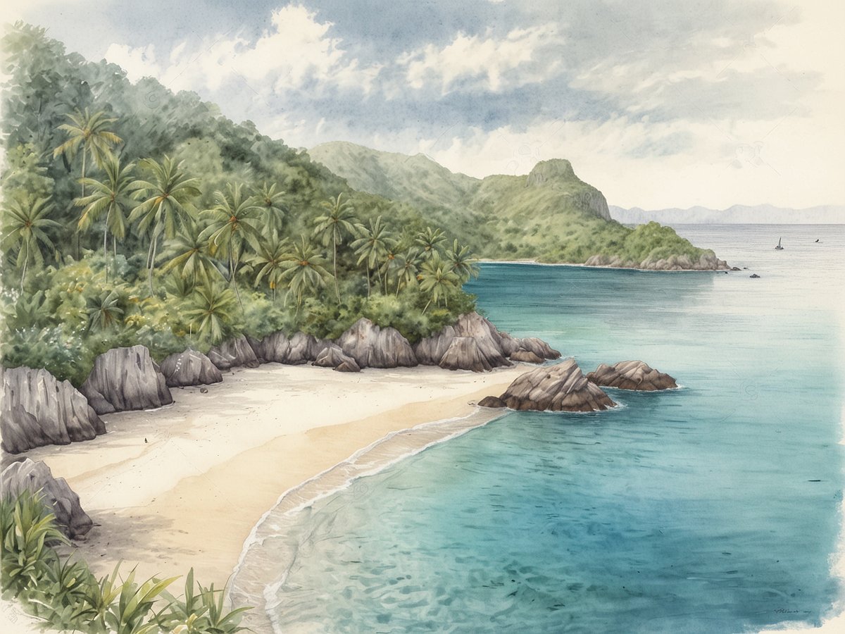Eine idyllische Strandlandschaft mit feinem Sand und sanften Wellen, umgeben von üppiger grüner Vegetation und Palmen. Der klare, türkisfarbene Ozean schimmert im Sonnenlicht und wird von Felsen und klarem Wasser durchzogen. Im Hintergrund erheben sich sanfte Hügel, die die unberührte Schönheit der Cayos Zapatilla im Nationalpark betonen. Ein friedlicher Ort, ideal zum Schnorcheln und Entspannen in der Natur.
