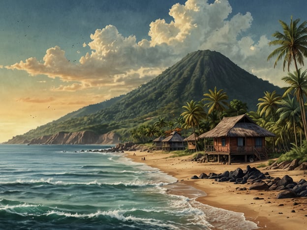 Auf dem Bild ist eine tropische Küstenlandschaft mit einem Strand, Palmen und Berghügeln im Hintergrund zu sehen. Diese Szenerie erinnert an Orte wie die Bahía de Jiquilisco in El Salvador.

Die Bahía de Jiquilisco befindet sich an der Küste von El Salvador, im Departement Usulután. Sie ist bekannt für ihre beeindruckende natürliche Schönheit, die von einer Vielzahl von Küstenlinien, Mangroven und einer reichen Tierwelt geprägt ist. Diese Region spielt eine wichtige Rolle im Ökosystem, da sie Lebensraum für viele Arten, darunter verschiedene Vogel- und Fischarten, bietet.

Zudem ist die Bahía de Jiquilisco ein beliebtes Ziel für den Ökotourismus und bietet zahlreiche Möglichkeiten für Aktivitäten wie Kajakfahren und Vogelbeobachtung. Ihre geografische Lage und natürliche Reichtum tragen zur Förderung des nachhaltigen Tourismus und zum Schutz der Umwelt in der Region bei.