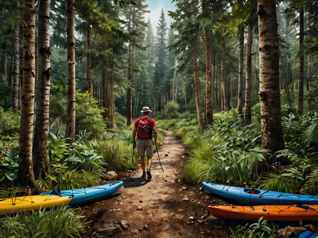 Auf dem Bild ist ein Wanderer zu sehen, der auf einem schmalen Pfad durch einen dichten Wald geht. Neben dem Weg liegen bunte Kajaks in verschiedenen Farben. Dies könnte auf Aktivitäten wie Wandern und Kajakfahren in der Natur hinweisen. Solche Erlebnisse sind großartig für Naturliebhaber und Abenteurer, die die Schönheit der Natur erkunden und aktiv sein möchten. Ein Tag im Freien könnte das Paddeln auf einem ruhigen Gewässer nach einer Wanderung durch den Wald umfassen.