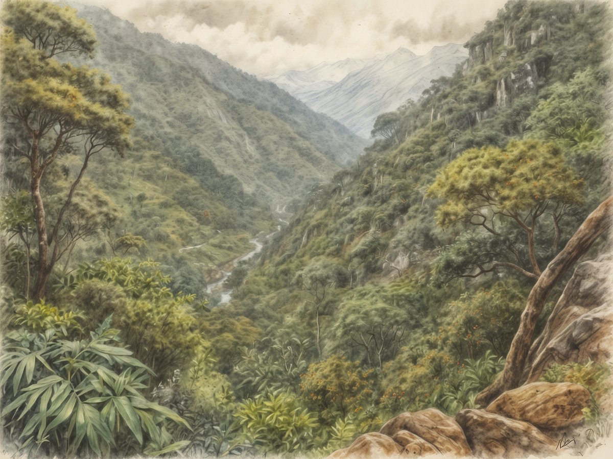 Eine malerische Landschaft im Nebelwald von Boquete, Valle de Los Quetzales. Im Vordergrund stehen üppige grüne Pflanzen und Bäume, während sich in der Ferne ein bewaldetes Tal erstreckt, das von einem klaren Fluss durchzogen wird. Die Bergkulisse ist mit sanften Hügeln und Wolkenhimmel versehen, was eine mystische Atmosphäre schafft. Der Blick schwingt über die sanften Abhänge und die Vielfalt der Vegetation, die für die Region typisch ist.