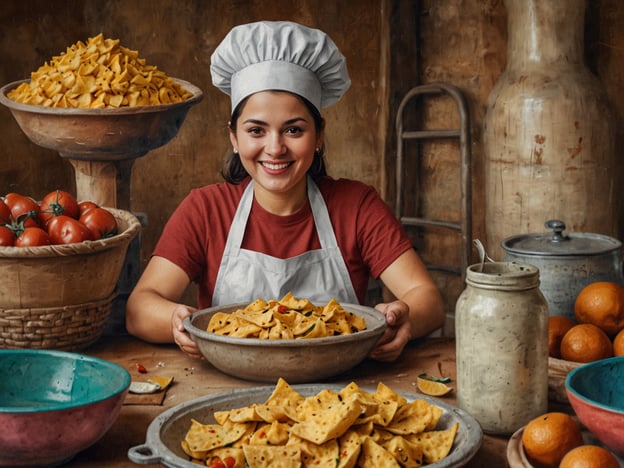 Auf dem Bild sieht man eine fröhliche Köchin, die in einer einladenden Küche mit traditionellen Zutaten arbeitet. Vor ihr befinden sich große Schalen mit frisch zubereiteten Snacks, wahrscheinlich Tortilla Chips oder ähnlich, die typisch für die mexikanische Küche sind. Die Umgebung ist geprägt von rustikalen Elementen, wie Körben mit frischen Tomaten und Orangen, was die lokale Kultur und die Bedeutung von frischen, regionalen Zutaten betont. 

Diese Szenerie vermittelt ein Gefühl von heimischer Gastfreundschaft und kulinarischer Tradition, in der das Zubereiten und Teilen von Speisen eine zentrale Rolle spielt. Es spiegelt auch die Freude und Leidenschaft wider, die mit dem Kochen und dem Genuss von lokalem Essen verbunden sind.