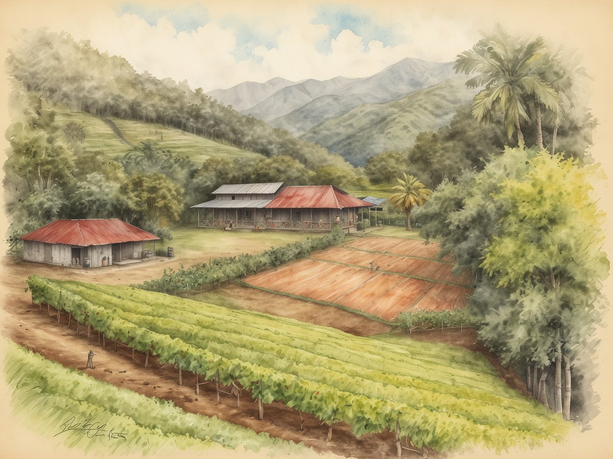 Finca Lérida mit einer malerischen Kaffeeplantage, umgeben von sanften Hügeln und Bergen im Hintergrund. Die Anlage besteht aus einem großen Hauptgebäude mit rotem Dach und einem kleinen Nebengebäude. Im Vordergrund sind Reihen von Kaffeepflanzen zu sehen, die sorgfältig angeordnet sind. Ein Arbeiter spaziert entlang der Pflanzenreihe, während hellgrüne Felder und fruchtbare Böden die Vielfalt der Landwirtschaft zeigen. Die idyllische Landschaft wird von tropischen Bäumen und üppigem Grün umrahmt, was die Schönheit der Natur und die lokale Landwirtschaft betont.