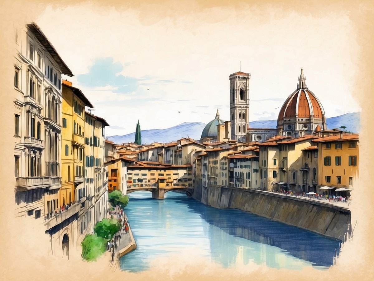 Eine malerische Ansicht von Florenz mit dem Arno-Fluss im Vordergrund. Auf der linken Seite stehen historische Gebäude mit bunten Fassaden, während auf der rechten Seite die Ponte Vecchio sichtbar ist, die den Fluss überspannt. Im Hintergrund ragen die beeindruckenden Turm- und Kuppelgebäude der Kathedrale Santa Maria del Fiore und des Campanile di Giotto empor. Der Himmel ist hell und freundlich, und die Umgebung ist von sanften Hügeln geprägt. Spaziergänger sind entlang der Uferpromenade zu sehen, die die lebendige Atmosphäre der Stadt widerspiegelt.