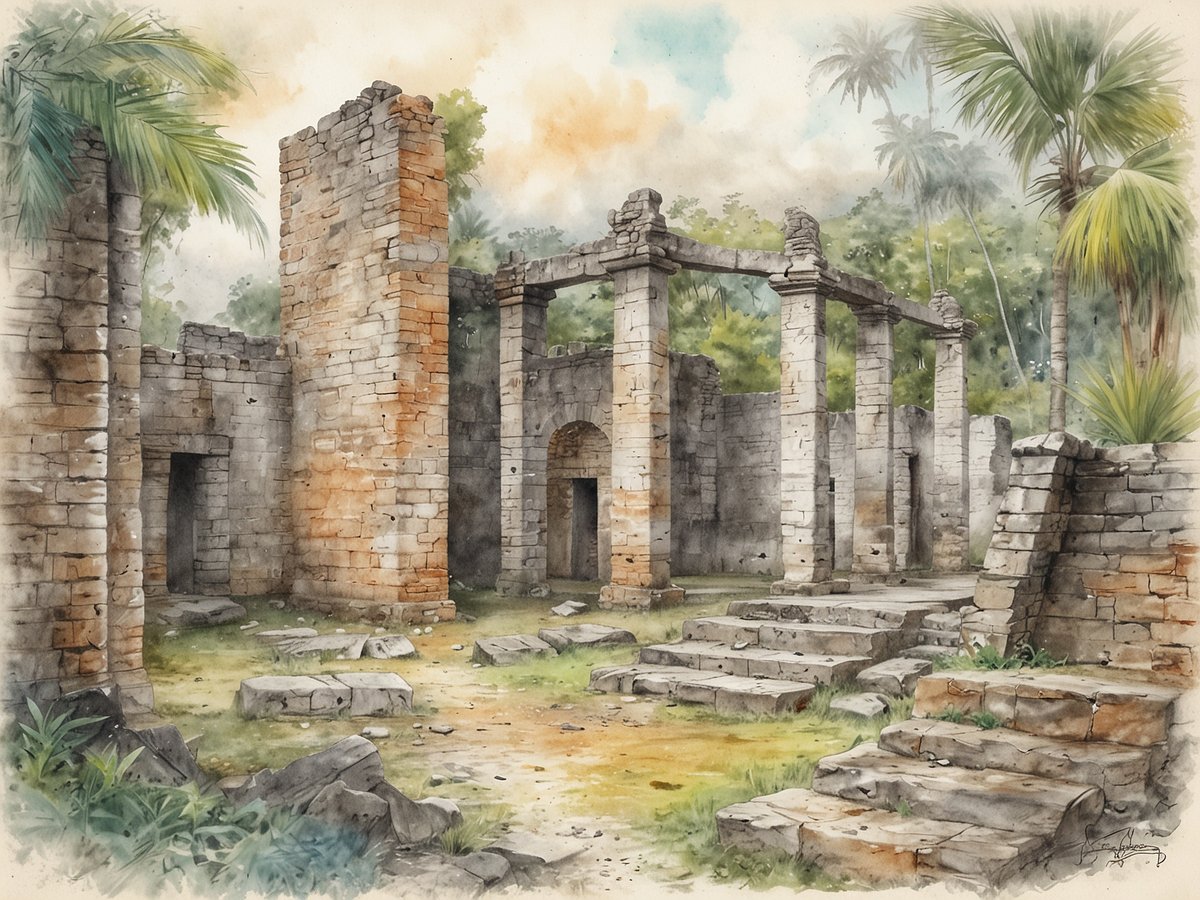 Die Ruinen von Panama Viejo sind zu sehen, die Überreste der ersten spanischen Stadt in Panama und ein UNESCO-Welterbe. Die Szene zeigt hohe, teilweise abgebrochene Steinmauern, die den Eingangsbereich und Säulenstrukturen darstellen. Umgeben von üppigem Grün und Palmen, verleiht das weiche Licht der Umgebung der historischen Stätte eine nostalgische Atmosphäre. Der Boden ist mit Steinen und unregelmäßigem Gelände bedeckt, was die antike und verwitterte Beschaffenheit der Ruinen betont.
