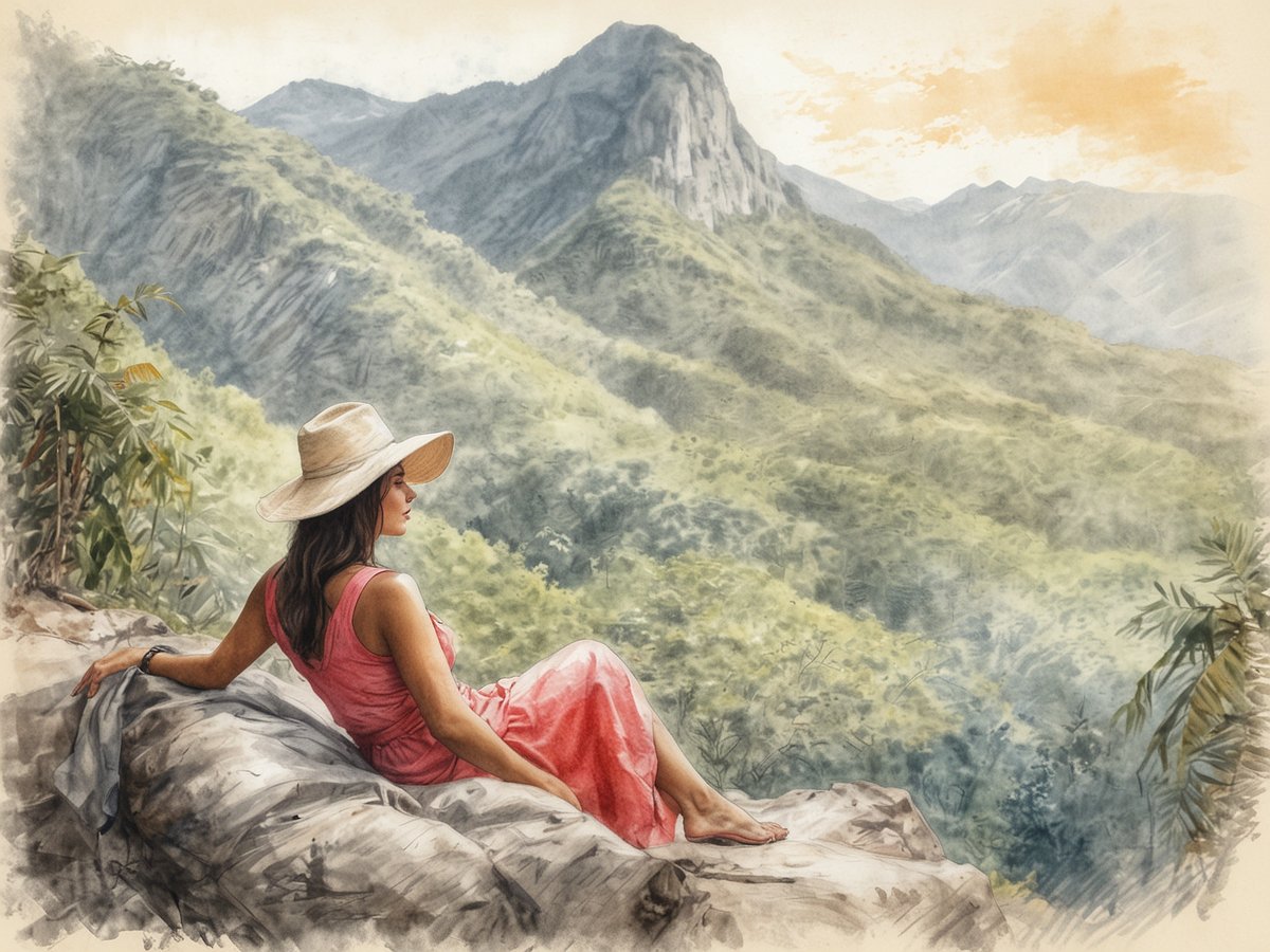 Eine Frau sitzt auf einem großen Felsen in der Natur und blickt auf die umliegenden Berge. Sie trägt ein pinkes Kleid und einen breiten Hut, der ihr Gesicht teilweise beschattet. Der Hintergrund zeigt grüne Hügel und majestätische Berge, die in sanften Farben gehalten sind. Die Szenerie vermittelt eine friedliche und mystische Atmosphäre, während Sonnenlicht sanft durch die Wolken scheint und die Landschaft erleuchtet. Die gesamte Komposition strahlt Ruhe und Harmonie aus, was den Eindruck eines magischen Ortes verstärkt.