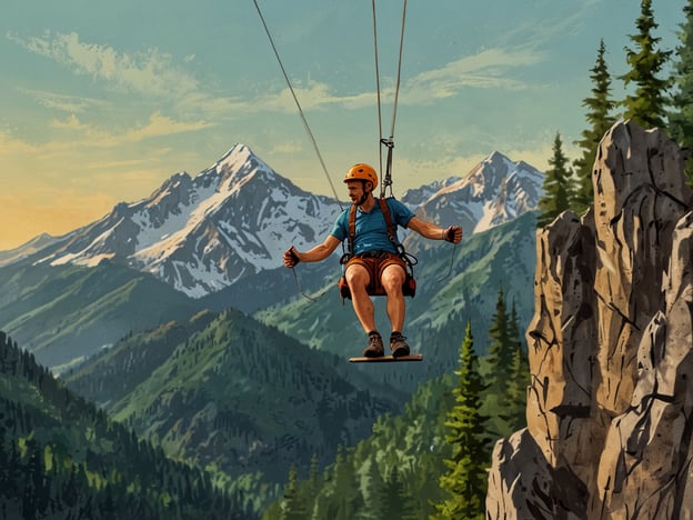 Auf dem Bild sieht man eine Person, die beim Ziplining in einer malerischen Gebirgslandschaft schwebt. Im Hintergrund erhebt sich eine beeindruckende Bergkulisse mit schneebedeckten Gipfeln und grünen Wäldern. Diese Szene vermittelt ein Gefühl von Abenteuer und Adrenalin, ideal für alle, die das Ziplining in Apaneca erleben möchten.