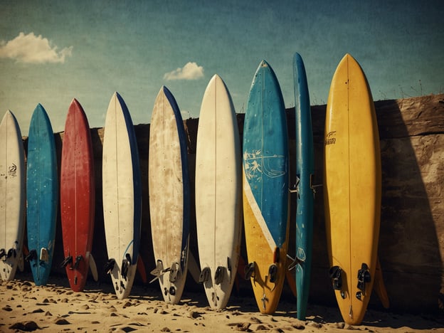 Auf dem Bild sind mehrere Surfboards zu sehen, die an einer Wand aufgereiht stehen. Die verschiedenen Farben der Boards, wie Blau, Rot, Gelb und Weiß, zeigen eine bunte Auswahl an Surf-Equipment, das typischerweise in Surfschulen verwendet wird. Lokale Surfschulen bieten oft solche Boards zum Verleih an, um Anfängern das Surfen zu erleichtern. Diese Ausrüstung ist essenziell für das Erlernen des Sports und ermöglicht es Schülern, die Grundlagen des Surfens zu trainieren.