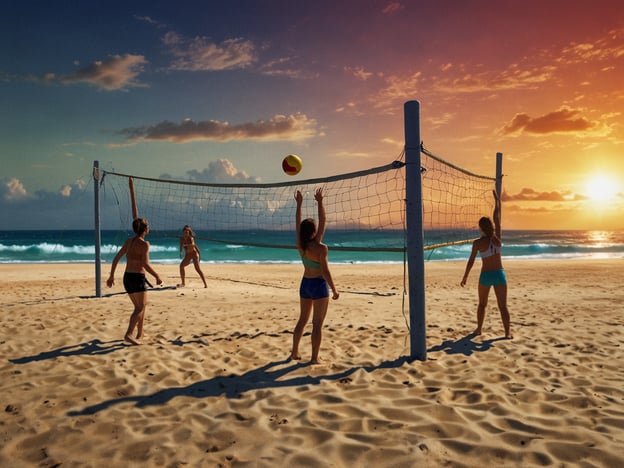 Auf dem Bild sind Menschen zu sehen, die Beachvolleyball spielen. Sie sind am Strand, und im Hintergrund sieht man das Meer und einen schönen Sonnenuntergang. Neben dem Beachvolleyball könnten auch Aktivitäten wie Schwimmen, Sonnenbaden, Musizieren oder einfach Entspannen am Strand stattfinden.