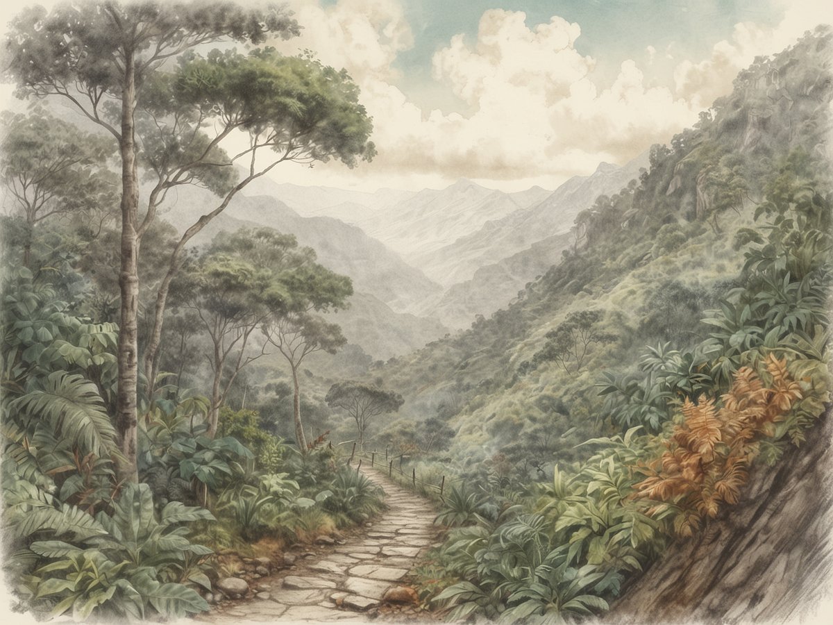 Ein malerischer Wanderweg durch den Nebelwald, umgeben von üppiger Vegetation und hohen Bäumen. Der Pfad aus Steinen schlängelt sich durch die grüne Landschaft und bietet atemberaubende Ausblicke auf die sanften Hügel und Berge im Hintergrund, die von einem leicht nebligen Himmel umrahmt sind. Die Szene strahlt Ruhe und natürliche Schönheit aus, ideal für Naturliebhaber und Wanderfreunde.