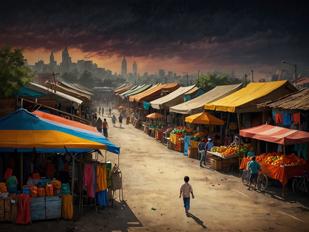 Auf dem Bild ist ein lebhafter Markt zu sehen, der mit bunten Ständen und Zelten dekoriert ist. Es gibt zahlreiche Menschen, darunter ein Kind, das die Straße entlangläuft, und im Hintergrund sind hohe Gebäude, die möglicherweise zu einer Stadt gehören.

Für einen unvergesslichen Aufenthalt an einem Markt empfehle ich:

1. **Frühzeitig kommen**: So hast du die besten Plätze und die frischesten Waren.
2. **Einheimische Spezialitäten probieren**: Trau dich, neue Geschmäcker zu entdecken!
3. **Mit den Verkäufern sprechen**: Sie geben oft interessante Einblicke in die Produkte und die lokale Kultur.
4. **Kamera nicht vergessen**: Halte die bunten Stände und lebhaften Szenen fest.
5. **Nach Souvenirs Ausschau halten**: Handgefertigte Produkte sind oft einzigartig und unterstützen die lokale Wirtschaft.

Viel Spaß beim Erkunden!