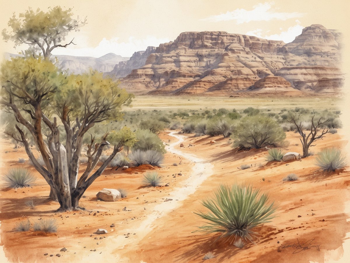 Wüstenlandschaft im Parque Nacional Sarigua mit rotbraunem Sand, vereinzelten Sträuchern und kleinen Pflanzen. Im Hintergrund erheben sich majestätische Felsen und Berge, die zur einzigartigen Ökologie der Region beitragen. Ein schmaler Pfad schlängelt sich durch die Landschaft und lädt zur Erkundung der beeindruckenden Natur ein. Der Himmel ist leicht bewölkt, was dem Bild eine sanfte, warme Atmosphäre verleiht.