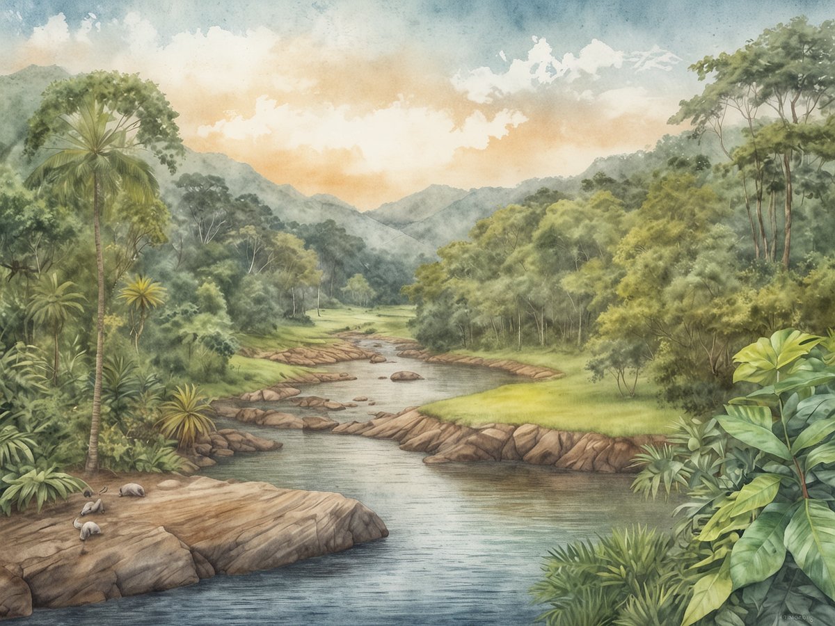 Eine malerische Landschaft im La Amistad Internationalpark, die eine reiche Biodiversität zeigt. Im Vordergrund fließt ein ruhiger Fluss zwischen großen Felsen und saftigen Uferbereichen. Am Ufer sind mehrere Tiere zu sehen, die sich entspannen. Die dichte Vegetation besteht aus grünen Bäumen, Palmen und verschiedenen Pflanzenarten. Im Hintergrund erscheinen sanfte Hügel unter einem Himmel mit sanften Wolken und warmen Farbtönen, die auf einen Sonnenuntergang hindeuten.
