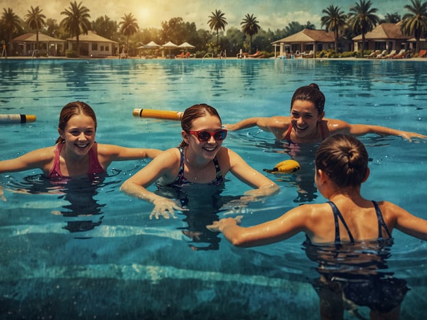 Auf dem Bild sind vier Mädchen im Wasser eines Pools zu sehen, die offensichtlich Spaß haben. Sie lachen und spielen miteinander, während sie im Wasser schwimmen. Um sie herum sind Palmen und eine entspannte Urlaubsatmosphäre. Der Pool scheint ein großartiger Ort für Schwimmvergnügen für alle Altersgruppen zu sein, perfekt für gemeinsame Erlebnisse und Unterhaltung an warmen Tagen.