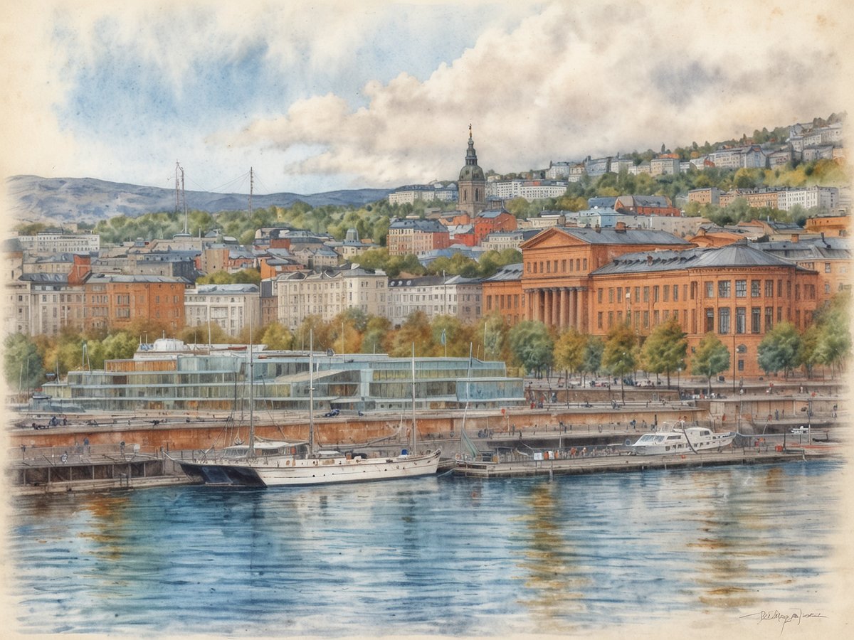 Ein beeindruckendes Panorama von Oslo zeigt die ruhige Wasseroberfläche eines Fjords mit reflektierenden Booten im Vordergrund. Im Hintergrund erheben sich farbenfrohe, historische Gebäude, darunter ein markantes rotes Gebäude mit Säulen, das historische Architektur verkörpert. Die sanften Hügel, die die Stadt umgeben, sind mit einer Vielzahl von Bäumen und bunten Häusern bedeckt. Der Himmel ist durchzogen von Wolken und strahlendem Licht, das die lebendige Atmosphäre der Stadt unterstreicht. Dieses Bild fängt die harmonische Verschmelzung von Natur und urbanem Leben in Norwegens Hauptstadt perfekt ein.