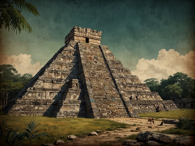 Auf dem Bild ist eine große Pyramide zu sehen, die typischerweise mit der Architektur der Maya-Kultur in Verbindung gebracht wird. Diese Art von Pyramide könnte ein Tempel oder ein wichtiges zeremonielles Gebäude darstellen, das für religiöse Rituale und Zeremonien genutzt wurde. 

Die Cihuatan-Maya, eine Gruppe aus der späten klassischen Zeit, waren bekannt für ihre beeindruckenden Bauwerke und ihre komplexe Gesellschaft. Diese Pyramiden wurden oft aus Stein errichtet und sind ein Hinweis auf das fortgeschrittene Wissen der Maya in Architektur und Ingenieurwesen. 

Umgeben von üppiger Vegetation deutet die Szenerie auf die natürliche Umgebung hin, die für die Maya von Bedeutung war. Die Pyramiden könnten auch astronomische Funktionen gehabt haben, wobei viele Maya-Stätten so ausgerichtet sind, dass sie mit bestimmten astronomischen Ereignissen korrespondieren.