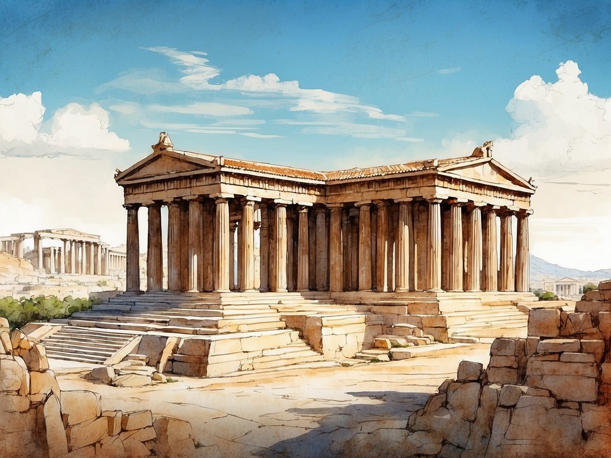 In Athen ist ein antiker Tempel zu sehen, umgeben von Ruinen und Gebäuden der griechischen Architektur. Die Säulen des Tempels sind majestätisch, und er steht auf einer erhöhten Plattform mit mehreren Stufen. Der Himmel ist blau, mit einigen Wolken, die eine klare und ruhige Atmosphäre schaffen. Im Hintergrund sind weitere antike Strukturen sichtbar, was auf die historische Bedeutung des Ortes hinweist. Die Landschaft ist von sanften Hügeln umgeben, die das Bild harmonisch abrunden.