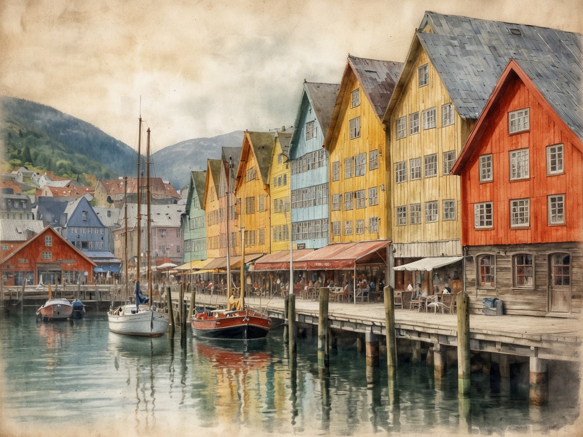 Das Bild zeigt das historische Bryggen-Viertel in Bergen, Norwegen. Bunt bemalte Holzhäuser in verschiedenen Farben stehen entlang des malerischen Hafens, reflektiert im ruhigen Wasser. Boote liegen an der Badeplattform, während von den Terrassen der Restaurants und Cafés belebt wirkende Menschen zu sehen sind. Im Hintergrund erheben sich sanfte Hügel, die eine idyllische Atmosphäre schaffen.