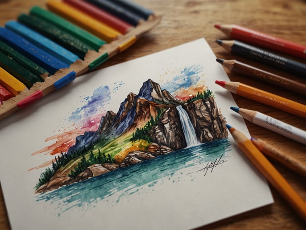 Auf dem Bild ist eine wunderschöne Aquarellzeichnung zu sehen, die eine malerische Landschaft darstellt. Im Vordergrund glitzert ein klarer See, während im Hintergrund majestätische Berge und ein Wasserfall zu sehen sind. Die Farben sind lebhaft und variieren von Blau- und Grüntönen bis hin zu sanften Rottönen im Himmel. Um die Zeichnung herum liegen bunte Buntstifte und Wachsmalstifte, die die kreative Atmosphäre unterstreichen. Diese Szenerie könnte leicht die Magie der heißen Quellen widerspiegeln, die oft in einer ebenso beeindruckenden, natürlichen Umgebung zu finden sind, umgeben von Bergen und klaren Gewässern.