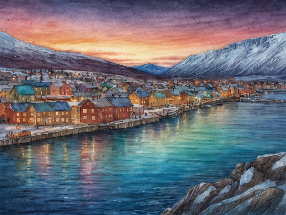 Eine malerische Ansicht von Tromsø, der Hauptstadt der Arktis, während der Dämmerung. Bunte Holzhäuser mit roten, blauen und grünen Fassaden säumen die Uferpromenade, die sich entlang eines ruhigen, spiegelnden Wassers erstreckt. Im Hintergrund erheben sich schneebedeckte Berge, während der Himmel in sanften Farben von Orange und Lila leuchtet. Sanfte Lichter der Gebäude reflektieren sich im Wasser, was eine friedliche und einladende Atmosphäre schafft.