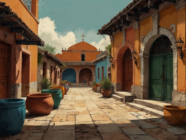 Auf dem Bild ist eine farbenfrohe Straße mit traditionellen mexikanischen Häusern zu sehen. Der Stil und die Farben erinnern an die Architektur in Tehuacán, die für ihre lebhaften Fassaden bekannt ist. In der Umgebung befinden sich Tontöpfe, die oft von lokalen Kunsthandwerkern hergestellt werden. 

Kulturelle Highlights in Tehuacán sind unter anderem die beeindruckende Kirche San Francisco und das Regionalmuseum, das die Geschichte der Region sowie ihre archäologischen Funde präsentiert. Außerdem ist Tehuacán berühmt für seine natürliche Umgebung, insbesondere die Tehuacán-Cuicatlán Biosphäre, die ein UNESCO-Weltkulturerbe ist und für ihre Biodiversität geschätzt wird.