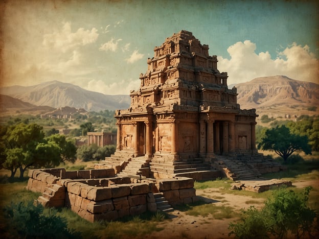 Auf dem Bild ist ein beeindruckender Tempel zu sehen, der möglicherweise zu den archäologischen Stätten Indiens gehört. Er hat eine charakteristische Architektur mit kunstvoll gestalteten Steinmetzarbeiten und mehreren Stufen, die zu einem zentralen Bereich führen. Die Landschaft um den Tempel herum ist hügelig und grün, was auf eine historische Stätte in einer ländlichen Umgebung hinweist. Solche Tempel sind oft Teil wichtiger religiöser und kultureller Stätten und ziehen Touristen sowie Archäologen an, die mehr über die Geschichte und die Zivilisationen der Region erfahren möchten.