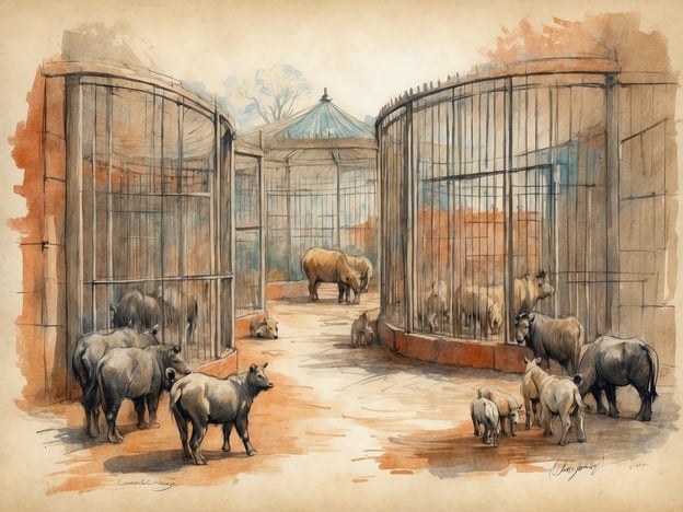 Auf dem Bild ist eine historische Darstellung eines zoologischen Gartens zu sehen. In einer artigen Umgebung mit Käfigen sind verschiedene Tiere dargestellt, darunter Rinder und deren Nachkommen. Diese Szenen erinnern an eine Zeit, als Zoos oft als Schauplätze für Bildung und Forschung dienten, in denen Besucher die Möglichkeit hatten, Tiere aus verschiedenen Regionen der Welt zu beobachten. Der zoologische Garten hatte somit nicht nur einen Unterhaltungswert, sondern spielte auch eine wichtige Rolle in der Tierforschung und dem Artenschutz. 

Die Gestaltung der Käfige und die Anordnung der Tiere geben Einblick in die damaligen Haltungsbedingungen und die Ästhetik zoologischer Anlagen. Diese Entwicklung spiegelt die Veränderungen im Umgang mit Tieren wider, die im Laufe der Zeit zu besseren Lebensbedingungen und einem stärkeren Fokus auf den Schutz der Tiere in Gefangenschaft geführt haben.