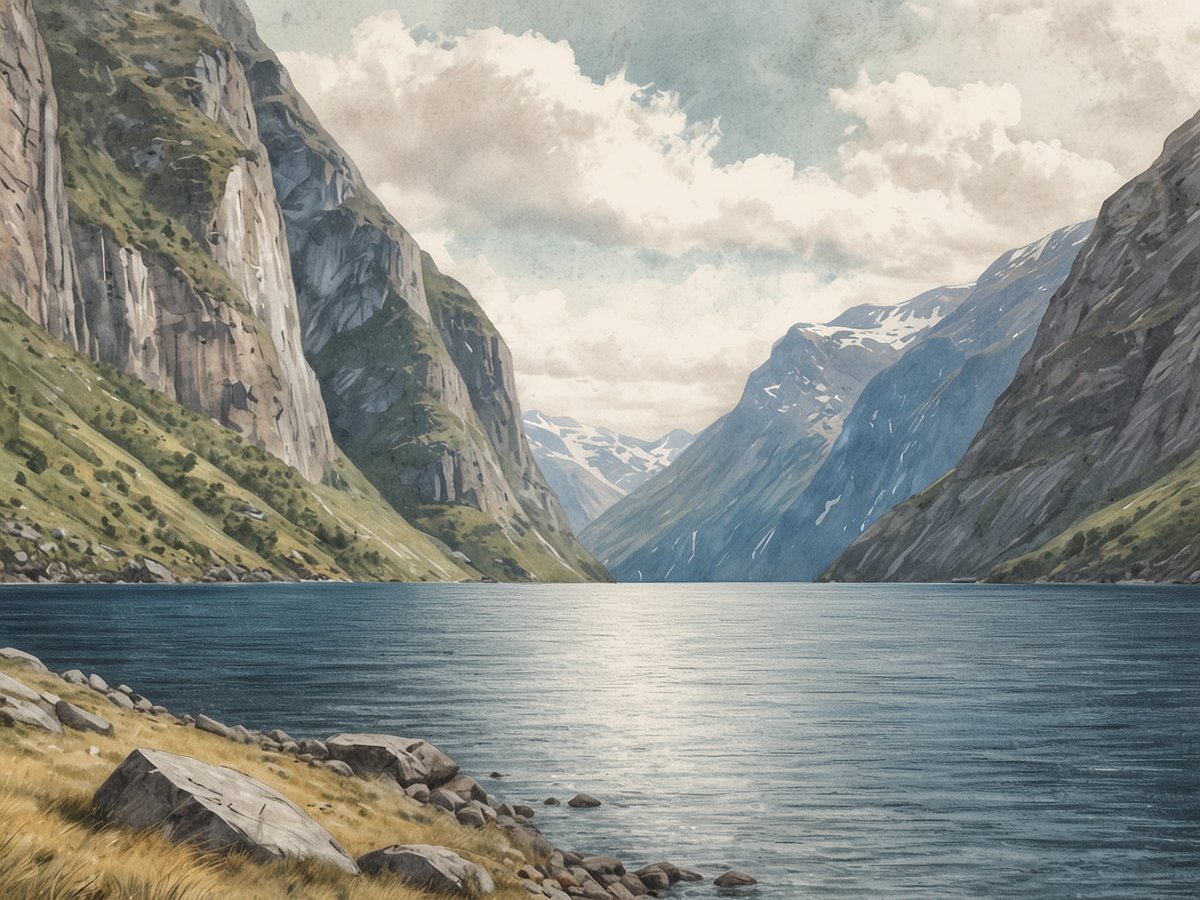 Schmaler Fjord mit beeindruckenden, steilen Felswänden und sanften Hängen, umgeben von majestätischen Bergen. Im Hintergrund sind schneebedeckte Gipfel zu sehen, während die Ruhe des Wassers eine spiegelnde Oberfläche bildet. Die Szene strahlt eine friedliche und unberührte Natur aus, ideal für den Erlebnischarakter des Nærøyfjord, einem UNESCO-Weltnaturerbe.