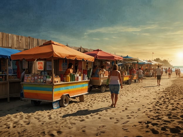 Auf dem Bild ist der Las Tunas Strand zu sehen, wo verschiedene Verkaufsstände aufgestellt sind, die bunte Sonnenschirme haben. Diese Stände bieten wahrscheinlich Snacks, Getränke und Souvenirs an. Menschen schlendern entspannt am Strand entlang, während sie die warme Atmosphäre genießen. Einige könnten sich für lokale Produkte und Kunsthandwerk interessieren, die dort verkauft werden. Die Szenerie vermittelt eine angenehme Urlaubsstimmung, perfekt für einen Tag am Meer.