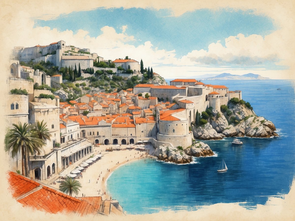 Ein malerischer Blick auf Dubrovnik, mit einer Küstenlandschaft, die das kristallklare blaue Wasser des Adriatischen Meeres zeigt. In der Bildmitte sind die historischen Gebäude der Altstadt mit terrakottafarbenen Dächern und beeindruckenden Mauern zu sehen, die von grünen Hügeln umgeben sind. Am Strand liegen Sonnenliegen und Sonnenschirme, während kleine Boote im Wasser schaukeln. Über der Stadt strahlt ein blauer Himmel mit einigen weißen Wolken.