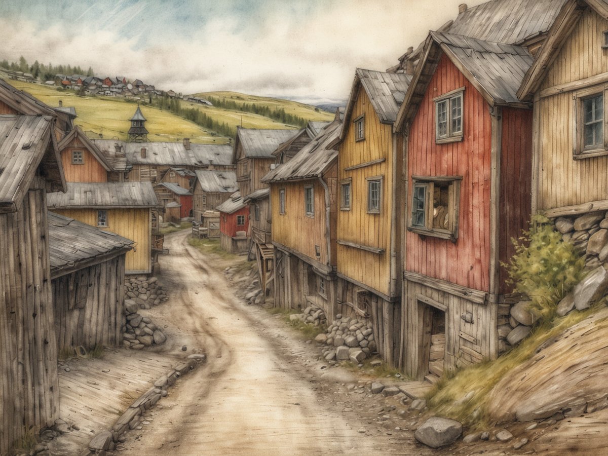 Das Bild zeigt eine malerische Straßenansicht in Røros, einem historischen Bergbaustädtchen und UNESCO-Weltkulturerbe. Auf beiden Seiten der schmalen, leicht gewundenen Straße stehen charakteristische holzverkleidete Häuser in verschiedenen Farben, darunter Gelb, Rot und Orange. Die Gebäude haben steile Dächer und stehen teils auf Holzpfählen, was für die Region typisch ist. Im Hintergrund sind sanfte Hügel zu sehen, die von grünen Wiesen bedeckt sind. Der Himmel ist leicht bewölkt, und die gesamte Szenerie vermittelt ein Gefühl von Geschichte und Tradition.