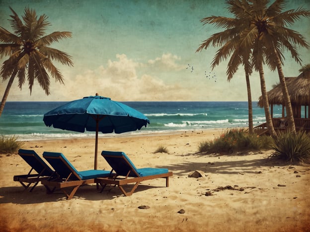 Auf dem Bild ist ein idyllischer Strand zu sehen, der zum Entspannen einlädt. Neben der sanften Brandung der Wellen stehen zwei Liegen unter einem blauen Sonnenschirm. Man könnte sich vorstellen, mit einem guten Buch zu entspannen oder die Sonne zu genießen. Der Blick aufs Meer verspricht schöne Erlebnisse, möglicherweise das Baden im Wasser oder ein Spaziergang am Strand entlang. Die Palmen und die schöne Landschaft schaffen eine tropische Atmosphäre, die zum Urlaub und Relaxen einlädt. Man kann auch überlegen, in der Nähe ein paar Wassersportarten auszuprobieren oder einfach nur die friedliche Umgebung zu genießen.