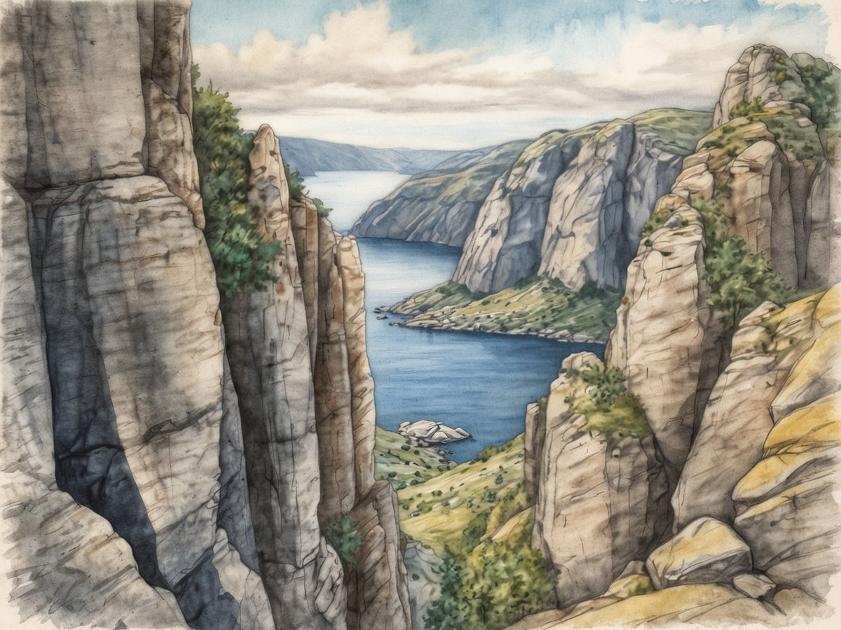 Eine beeindruckende Landschaft mit steilen, grauen Felswänden, die sich über das ruhige Wasser eines fjordähnlichen Sees erstrecken. In der Mitte des Bildes liegt der berühmte Kjeragbolten, ein markanter Felsblock, der zwischen den beiden Klippen eingeklemmt ist. Die Umgebung ist grün bewachsen, und die klaren, blauen Himmel und die sanften Wolken ergänzen die majestätische Szenerie. Die tiefen Schluchten und die dramatischen Felsen schaffen eine Atmosphäre von Erhabenheit und Abenteuer.