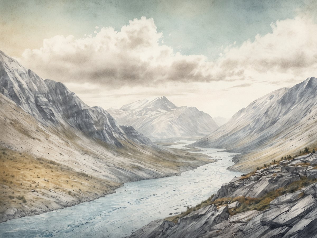 Eine beeindruckende Landschaft im Jotunheimen Nationalpark zeigt majestätische Berge, die sich unter einem sanften Himmel mit mehreren Wolken erheben. Im Vordergrund schlängelt sich ein klarer Fluss durch das Tal, umgeben von steilen Berghängen und schroffen Felsen. Diese Szenerie vermittelt das Gefühl von unberührter Natur und lädt zu Abenteuern in den höchsten Bergen Norwegens ein. Die sanften Farben und die detaillierte Darstellung der Natur schaffen eine ruhige und einladende Atmosphäre für Wanderer und Naturliebhaber.