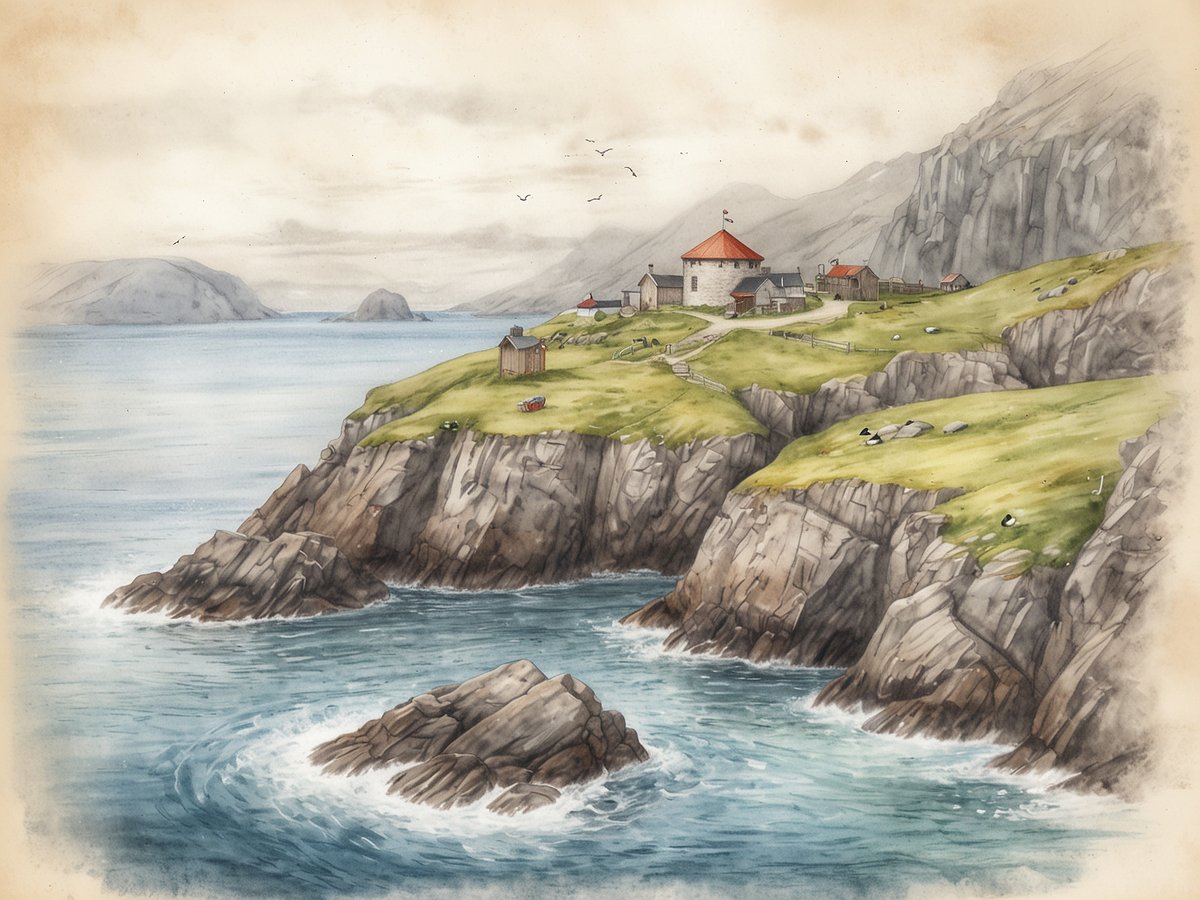 Eine malerische Küstenlandschaft zeigt die Runde Insel in Norwegen, auf der eine Kolonie von Papageientauchern lebt. Die grüne Fläche der Insel ist von schroffen Felsen umgeben, während das klare blaue Wasser sanft gegen die Küste schlägt. Im Hintergrund sind mehrere kleine Gebäude, darunter ein rundes Haus mit rotem Dach und eine Hütte, zu sehen, die von einem Weg verbunden sind, der sich über die Landschaft schlängelt. Die umliegenden Berge verleihen der Szene eine dramatische Kulisse, während einige Vögel am Himmel fliegen.